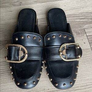 Black gold studded mules